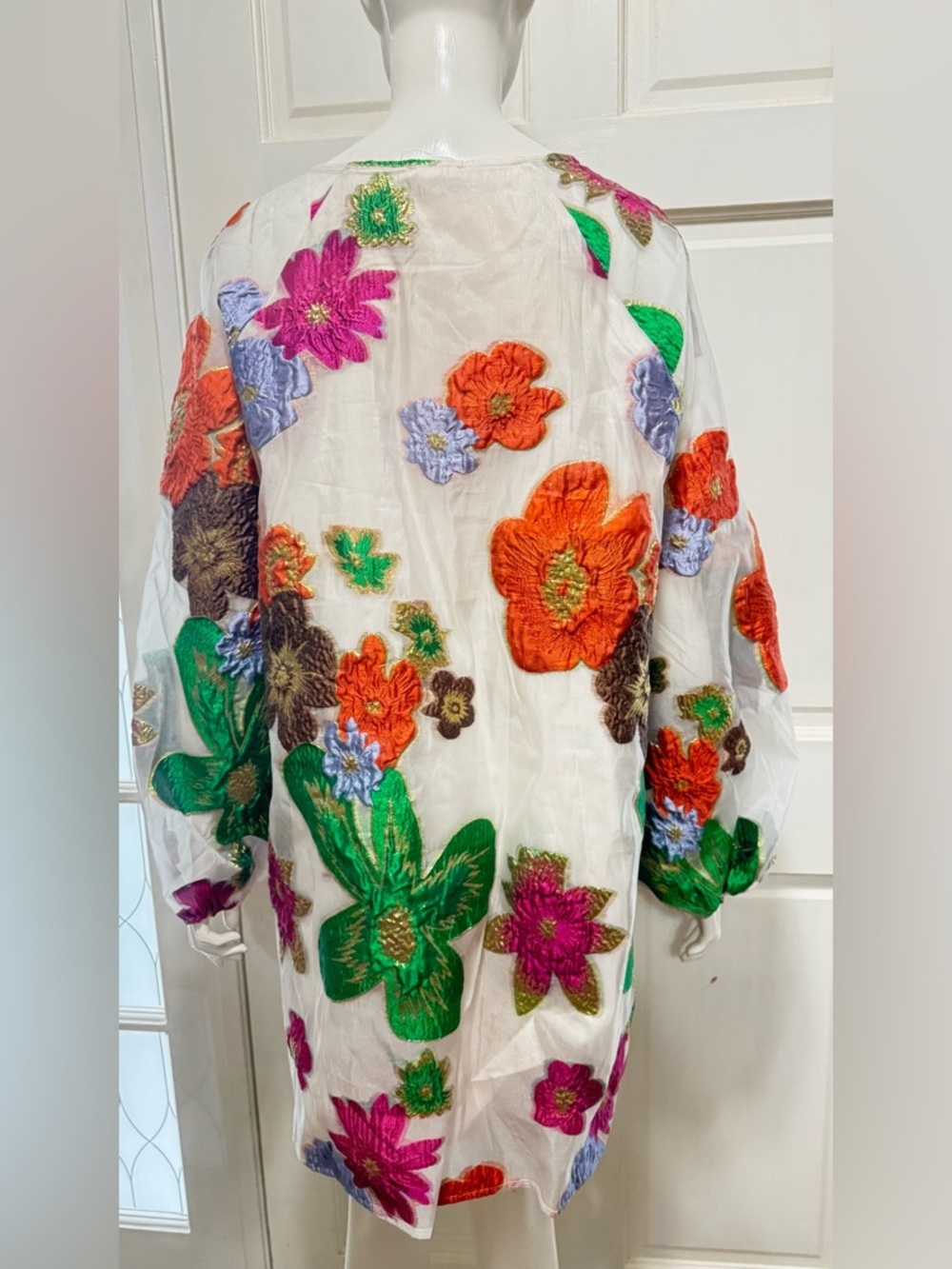 En Crème Floral Organza Bubble Sleeve Mini Dress long sleeve womens Sz Medium - Picture 5 of 13